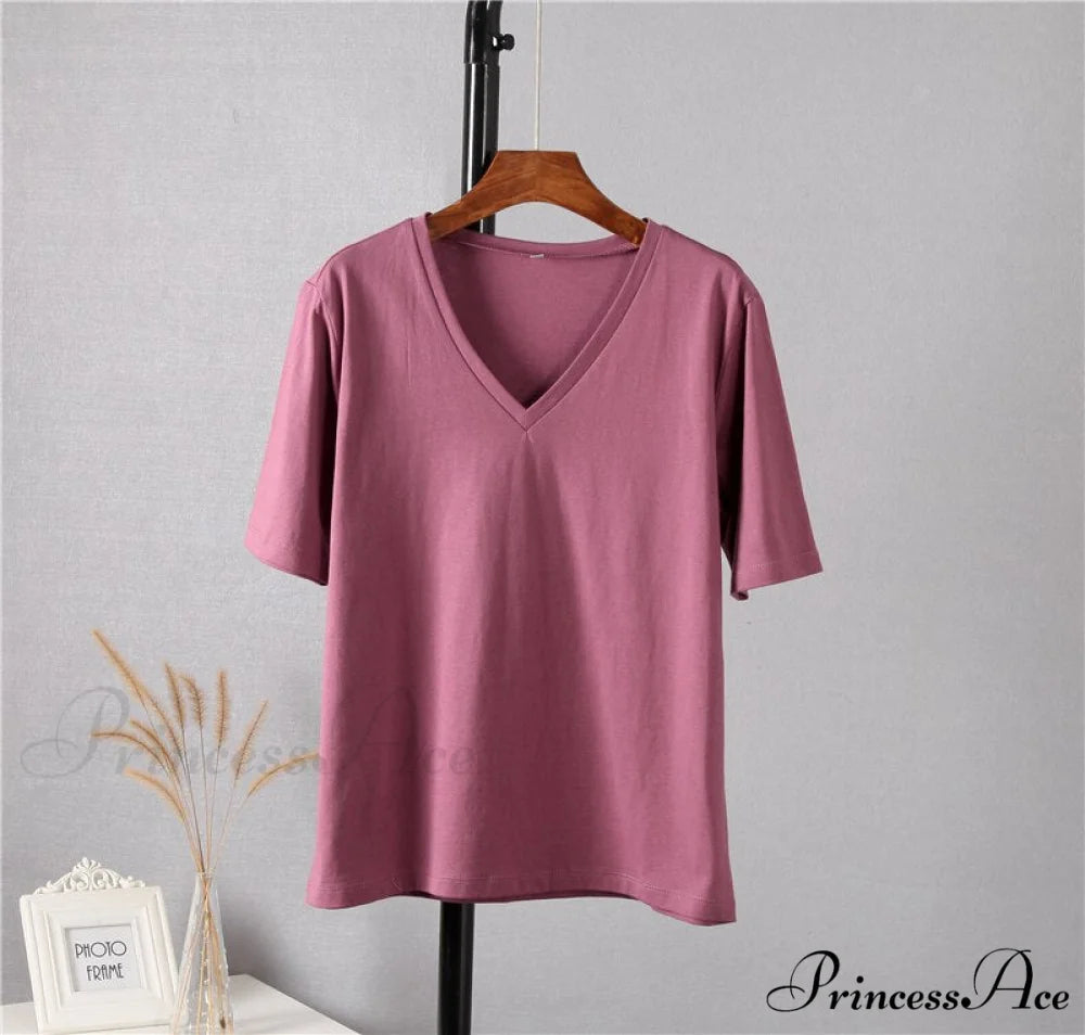 Soft Short Sleeve V Neck Tees Fuchsia / M
