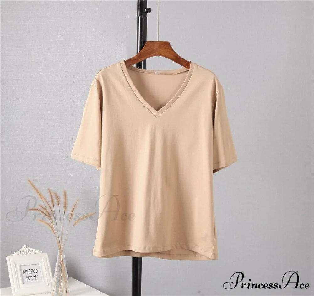 Soft Short Sleeve V Neck Tees Khaki / M