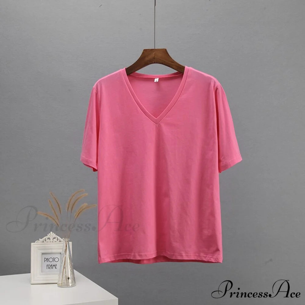 Soft Short Sleeve V Neck Tees Rose red / M