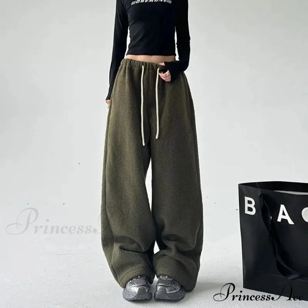 Soft Thicken Wool Wide Leg Trousers olive green / S pants-241228