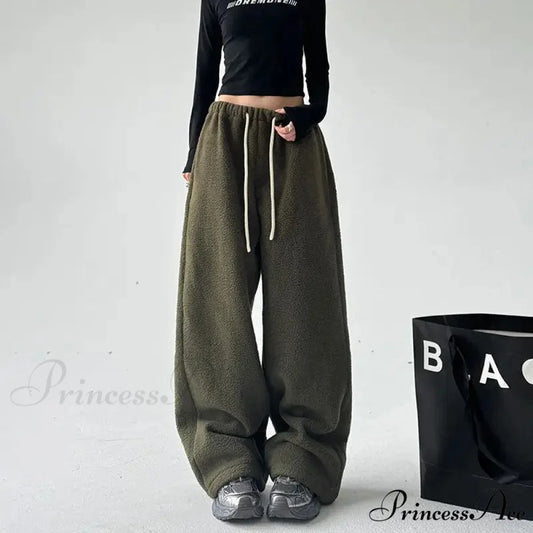 Soft Thicken Wool Wide Leg Trousers olive green / S pants-241228