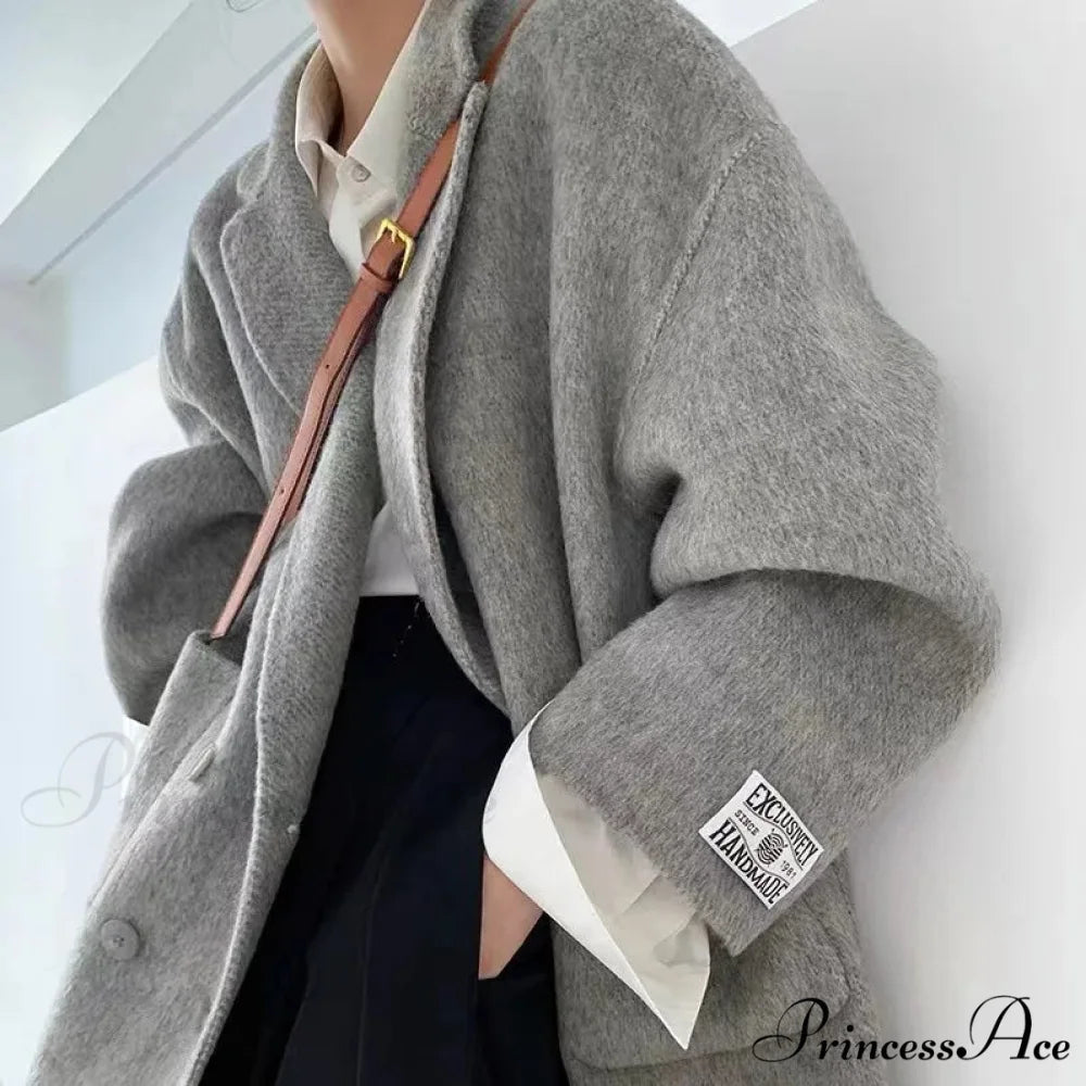 Soft Turn-Down Woolen Overcoat gray Coat / S overcoats-241228