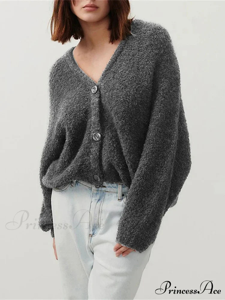 Soft V-neck Button-front Cardigan Dark Grey / S cardigans-241228