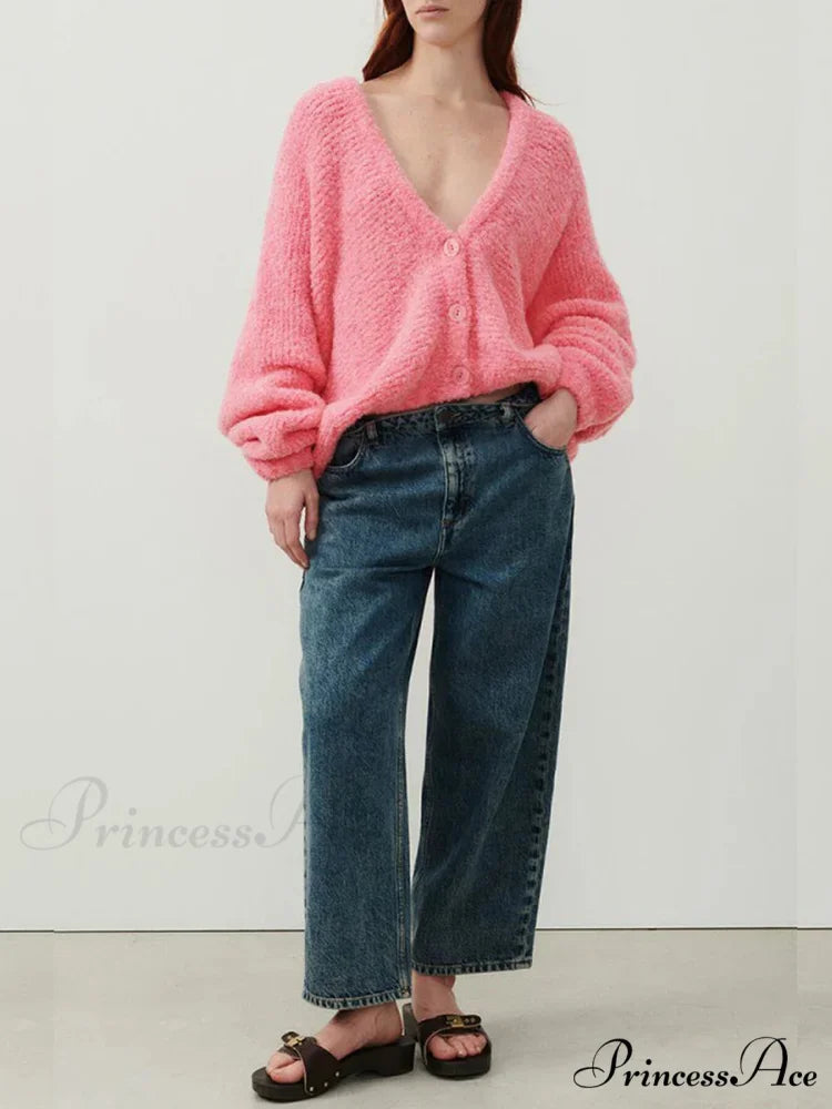 Soft V-Neck Button-Front Knit Cardigan pink / S cardigans-241228