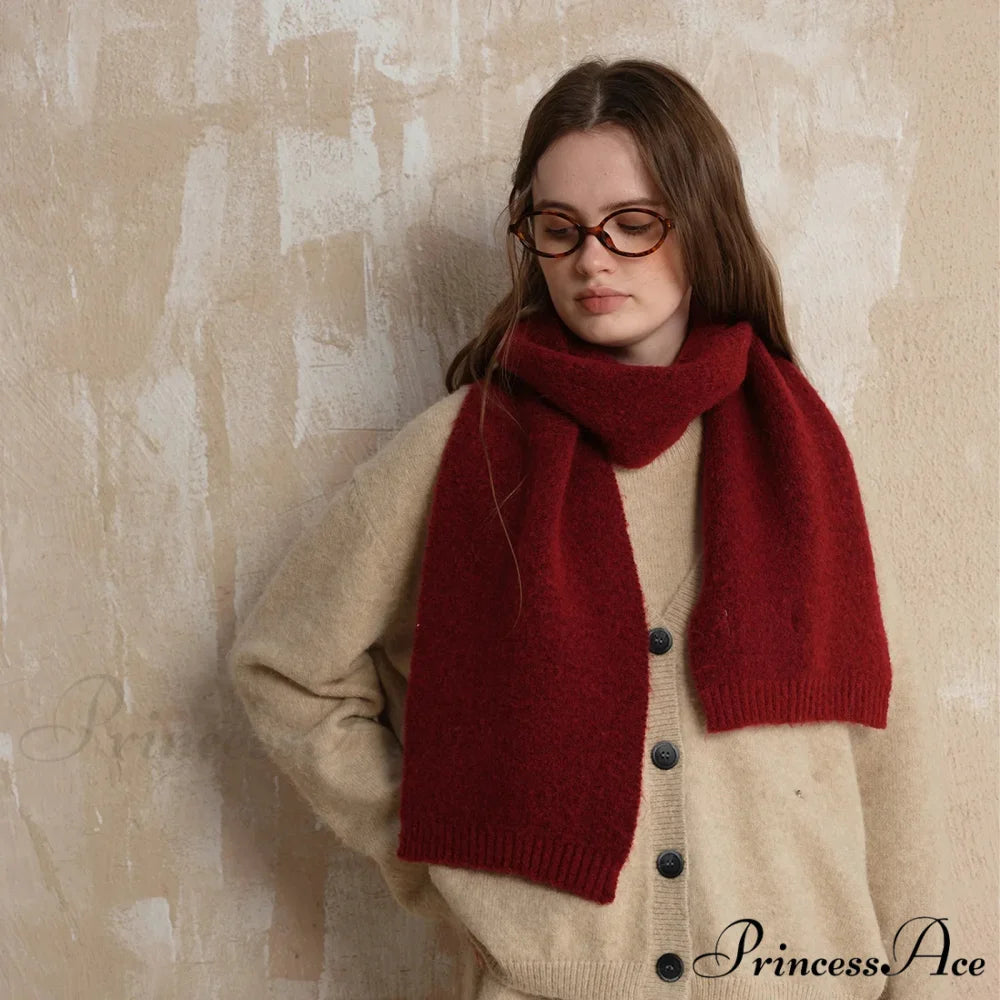 Soft Wool Blend Solid Color Winter Scarf Wine red / L157CM W22CM