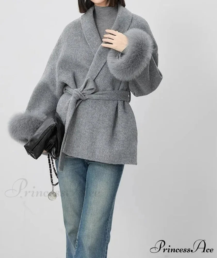 Soft Wool Coat With Furry Cuffs Luxurious Fur Overcoat GRAY / S overcoats-241228