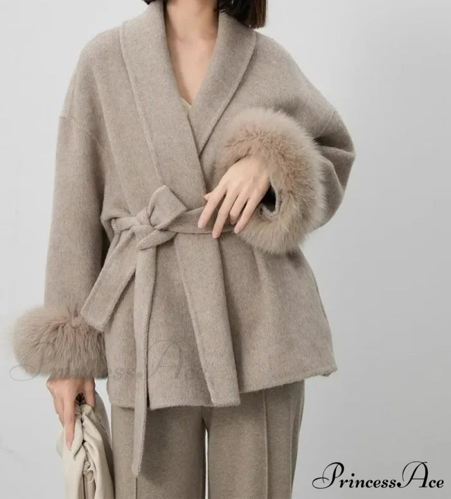 Soft Wool Coat With Furry Cuffs Luxurious Fur Overcoat Khaki / S overcoats-241228