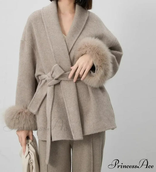 Soft Wool Coat With Furry Cuffs Luxurious Fur Overcoat Khaki / S overcoats-241228