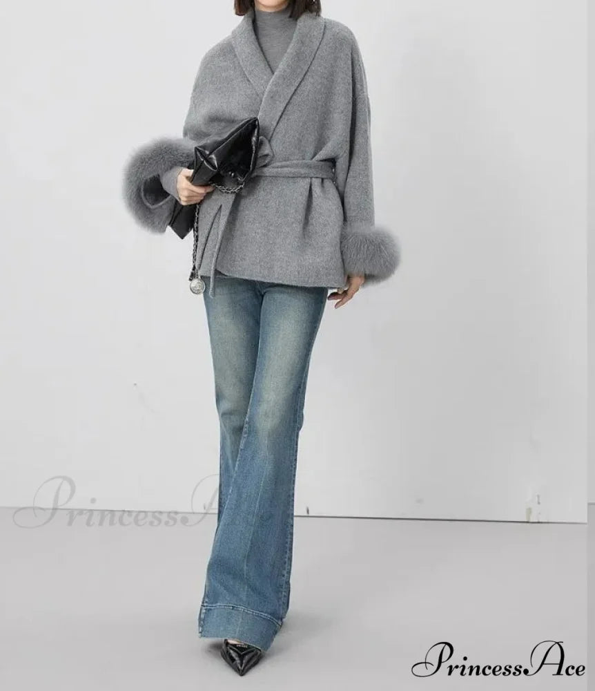 Soft Wool Coat With Furry Cuffs Luxurious Fur Overcoat overcoats-241228