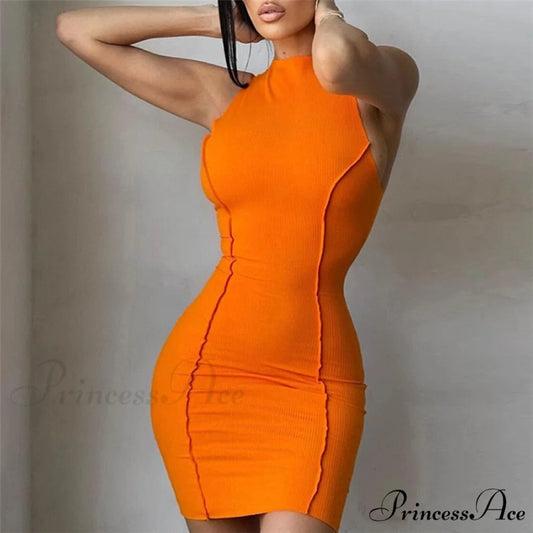Soild Orange Sleeveless Sexy Bodycon Dress