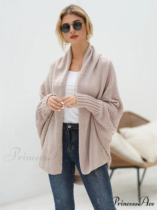 Solid Batwing Sleeve Loose-fitting Long Knitted Cardigan Sweater