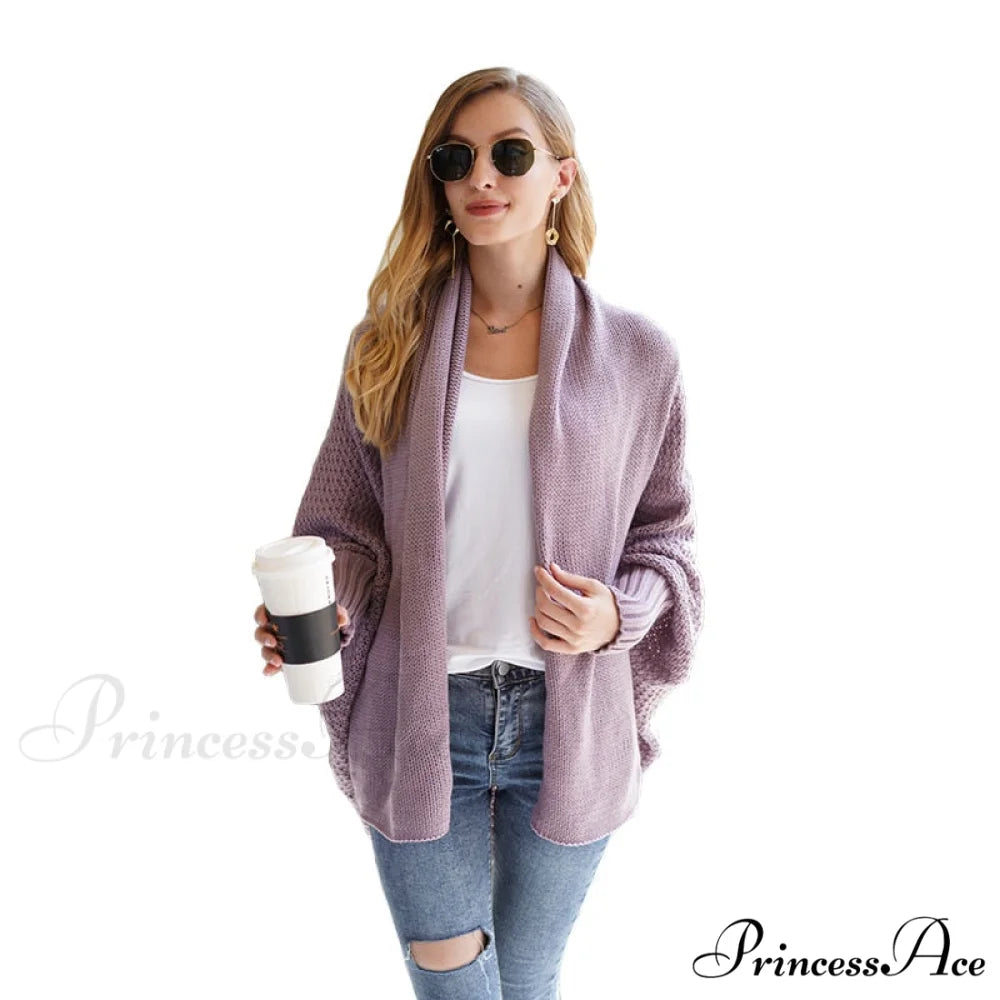 Solid Batwing Sleeve Loose-fitting Long Knitted Cardigan Sweater Purple / One Size