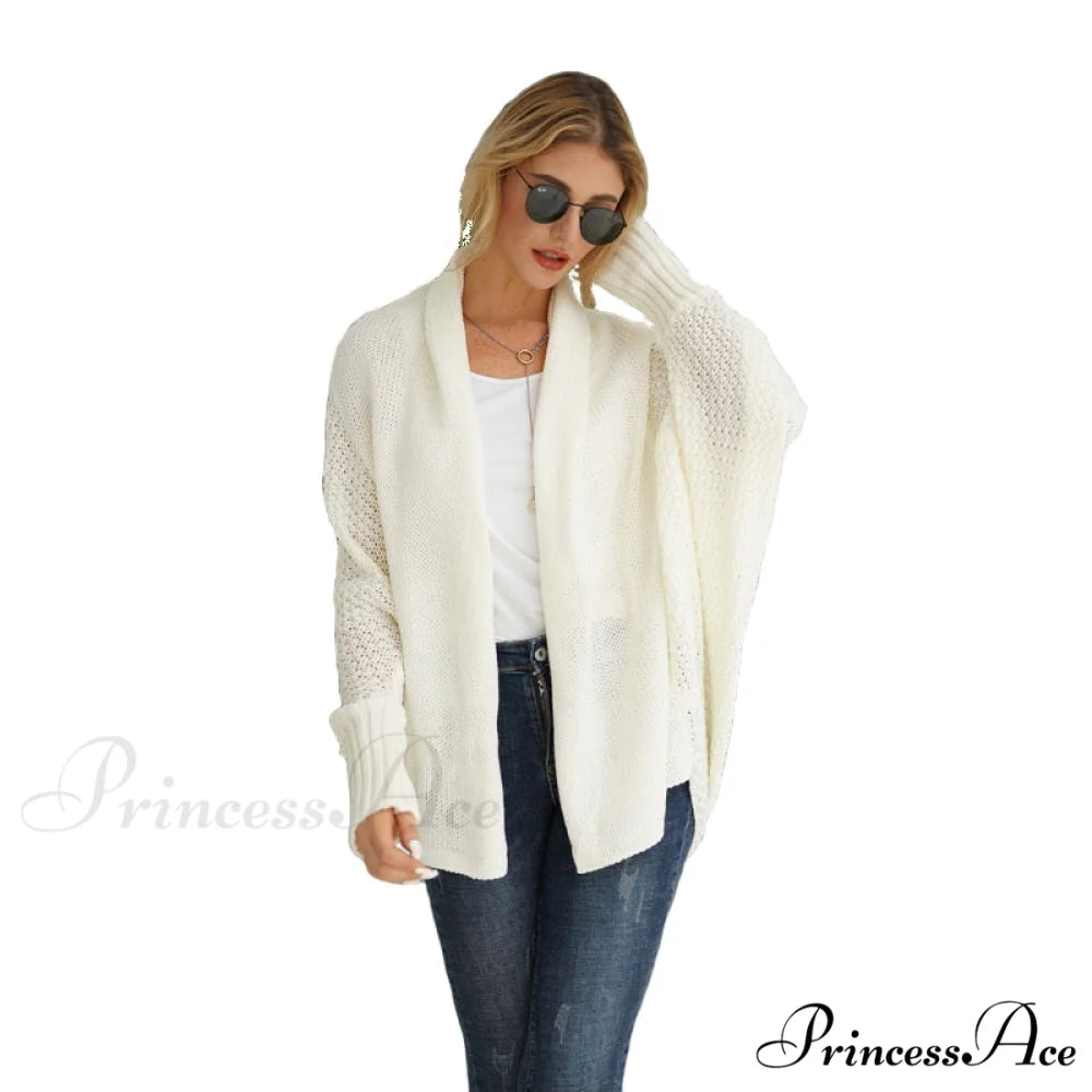 Solid Batwing Sleeve Loose-fitting Long Knitted Cardigan Sweater White / One Size