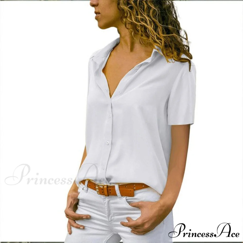 Solid Black V-Neck Chiffon Button Blouse white / S