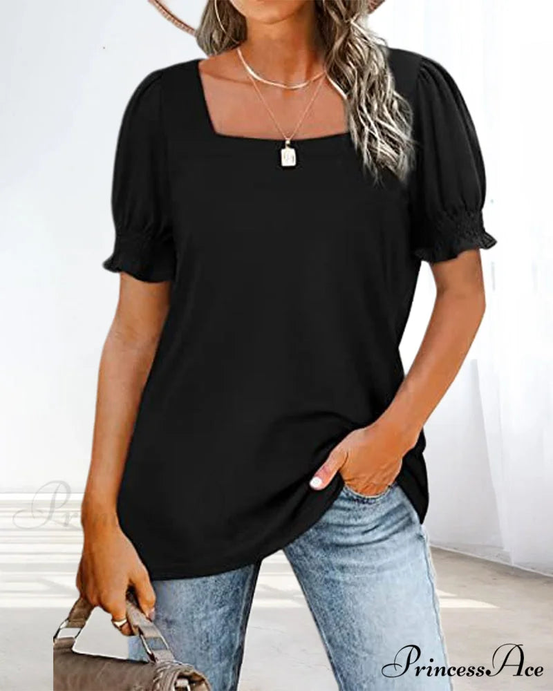 Solid Boxy Neck T-shirt in Color Black / S