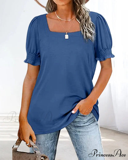 Solid Boxy Neck T-shirt in Color Blue / S