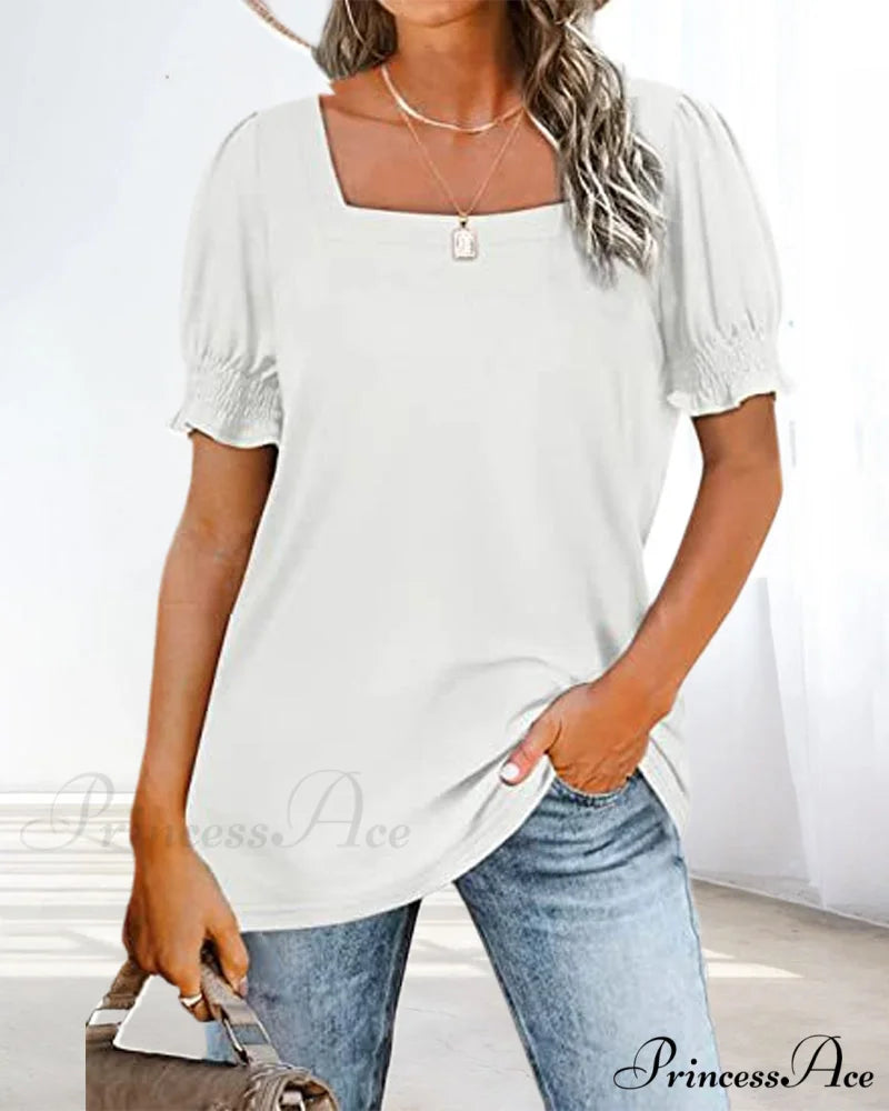 Solid Boxy Neck T-shirt in Color White / S