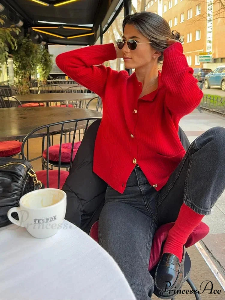 Solid Button Long Sleeve Pocket Cardigan Red / S