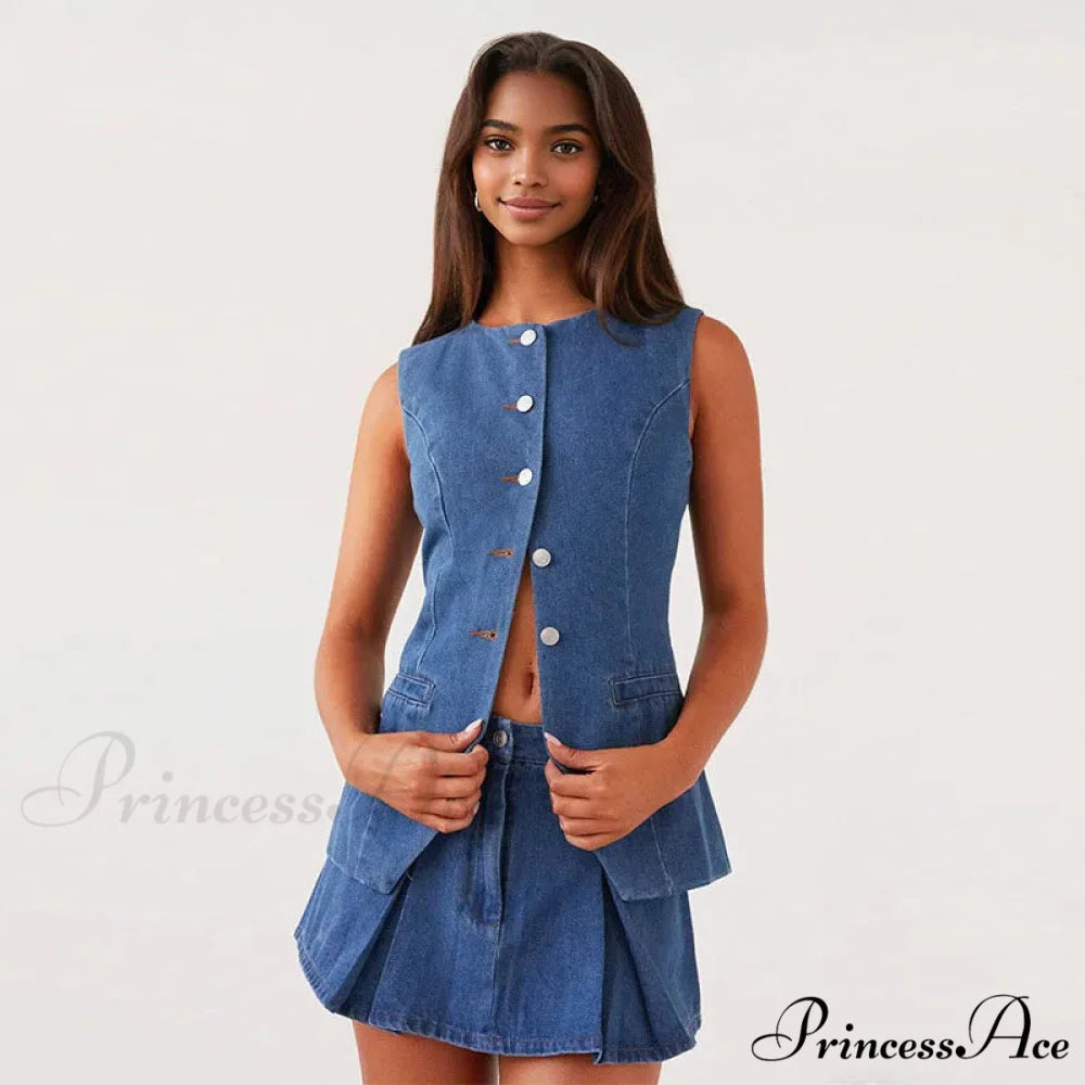 Solid Button Sleeveless Office Two Piece Set denim skirt set / S officetwopieceset-250223