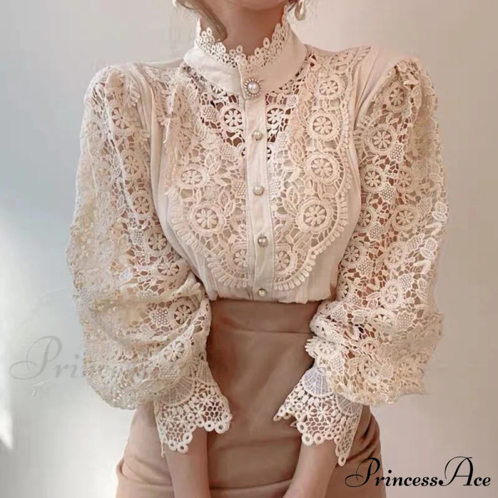 Solid Button Stand Collar Plus Size Blouse Apricot / S