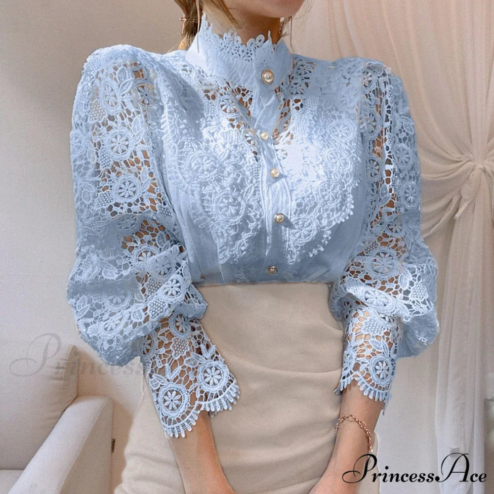 Solid Button Stand Collar Plus Size Blouse Blue / S