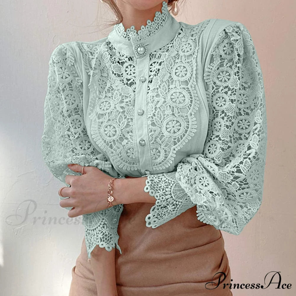 Solid Button Stand Collar Plus Size Blouse Light Green / S
