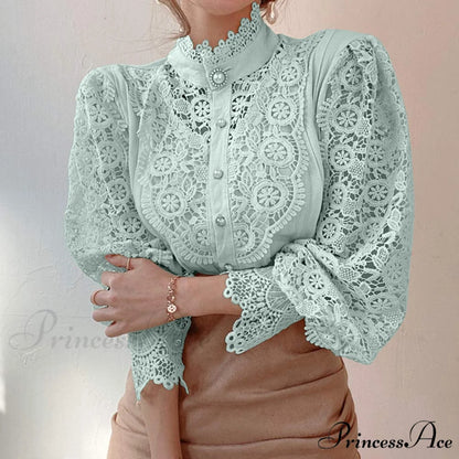 Solid Button Stand Collar Plus Size Blouse Light Green / S