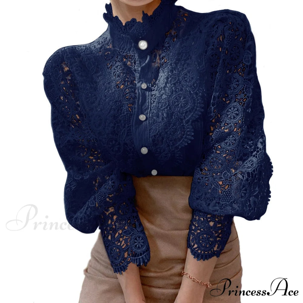 Solid Button Stand Collar Plus Size Blouse Navy Blue / S