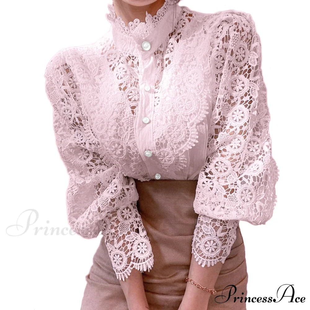 Solid Button Stand Collar Plus Size Blouse Pink / S