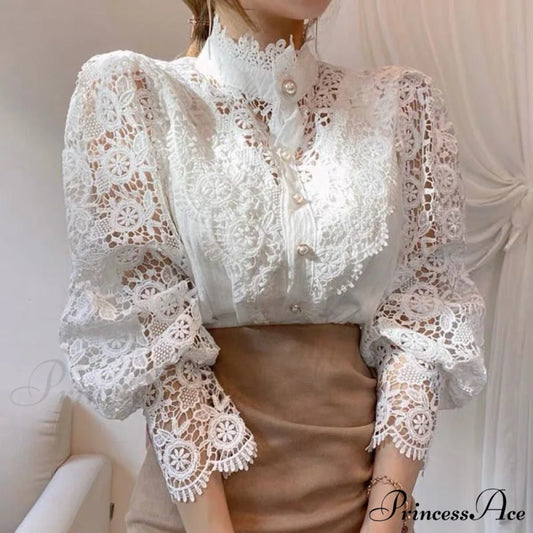 Solid Button Stand Collar Plus Size Blouse White / S