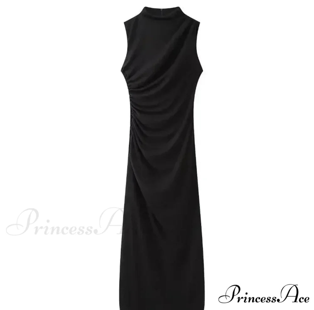 Solid Chic High Waisted Sexy Rear Split Office Lady Commuting Midi Dress NAVY BLUE / S