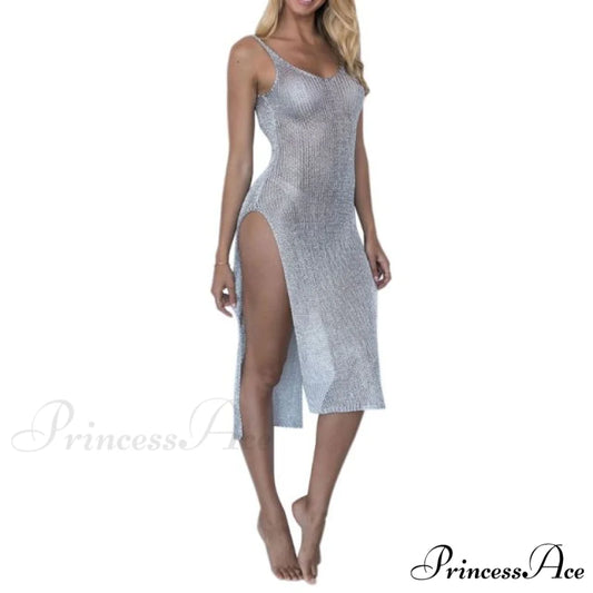 Solid Color Backless High Slit Sleeveless Dress Blue / One Size