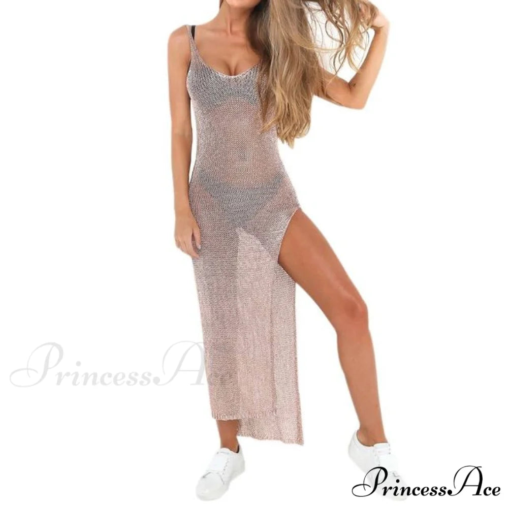 Solid Color Backless High Slit Sleeveless Dress Pink / One Size