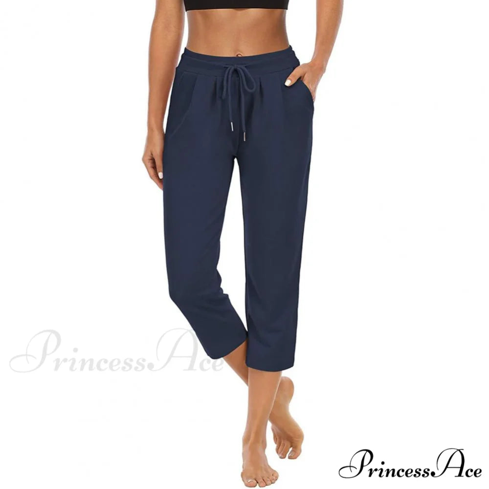 Solid Color Capri Pants Light Navy Blue / S