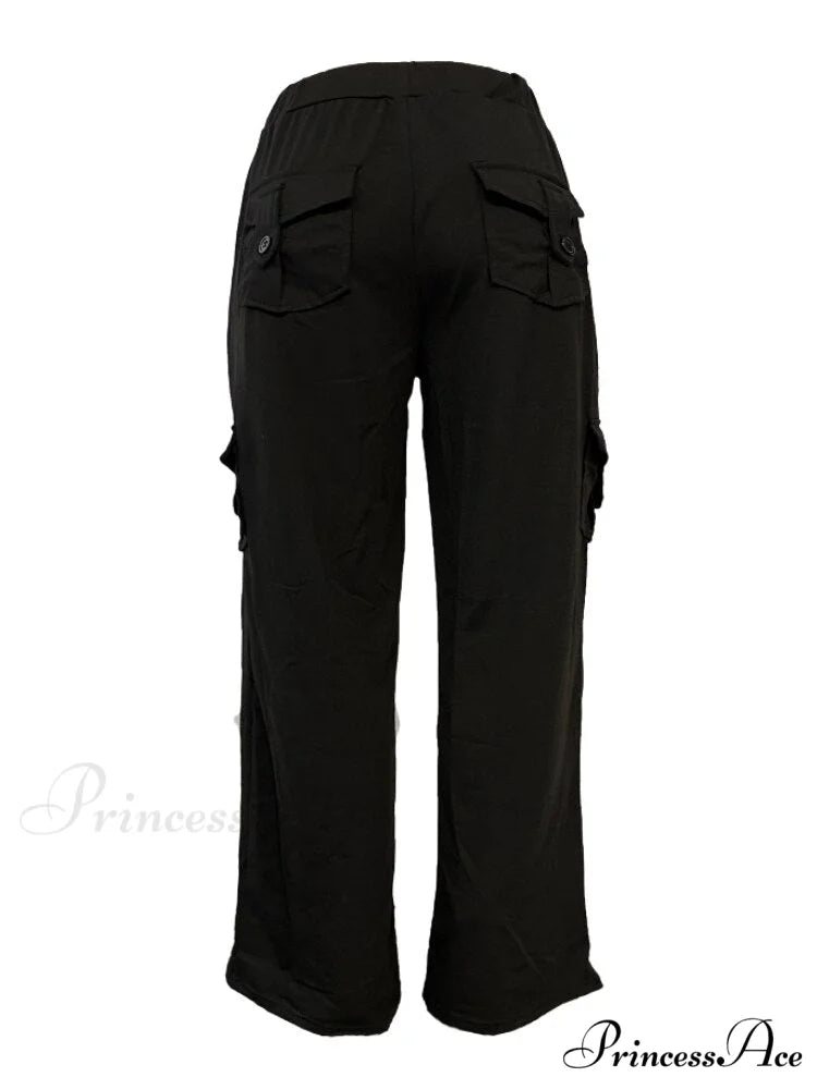 Solid Color Cargo Jogger Drawstring Elastic Waist Trousers Black / XS