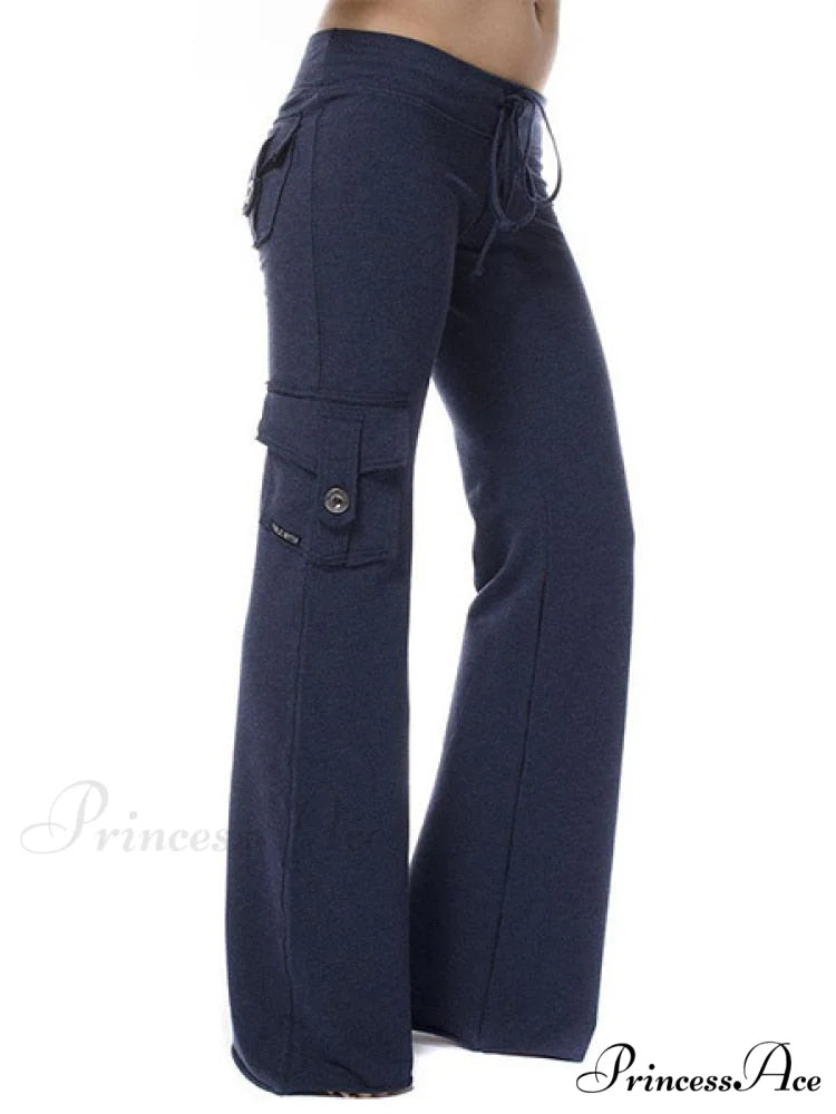 Solid Color Cargo Jogger Drawstring Elastic Waist Trousers Blue / XS