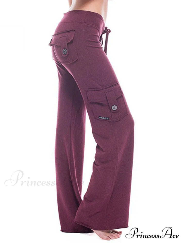 Solid Color Cargo Jogger Drawstring Elastic Waist Trousers Burgundy / XS