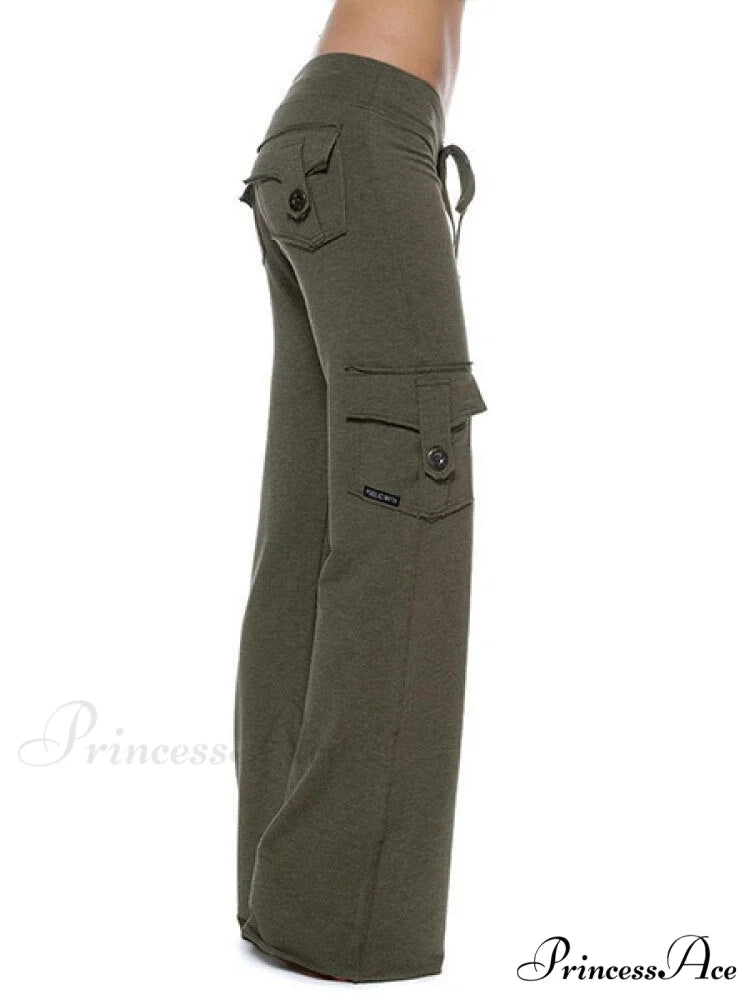 Solid Color Cargo Jogger Drawstring Elastic Waist Trousers Green / XS