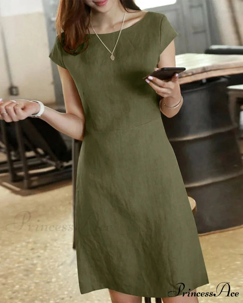 Solid Color Cotton and Linen Short-Sleeved Dress Army green / S