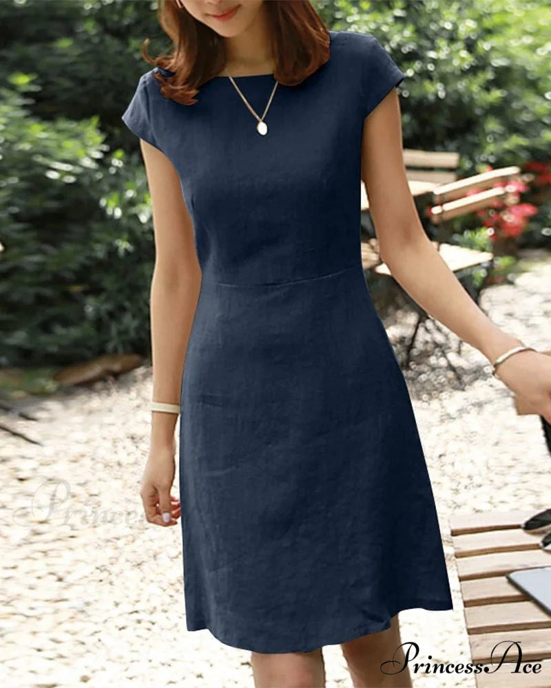 Solid Color Cotton and Linen Short-Sleeved Dress Dark blue / S