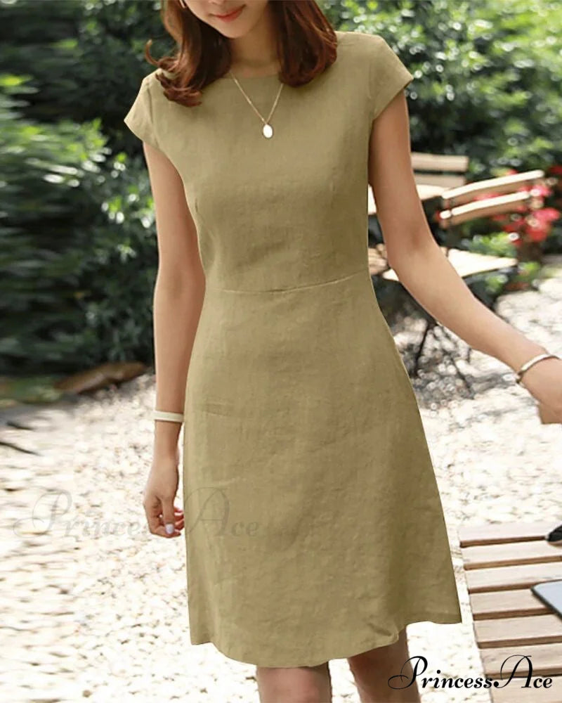 Solid Color Cotton and Linen Short-Sleeved Dress Green / S