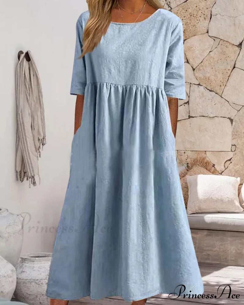 Solid color cotton linen dress Blue / S