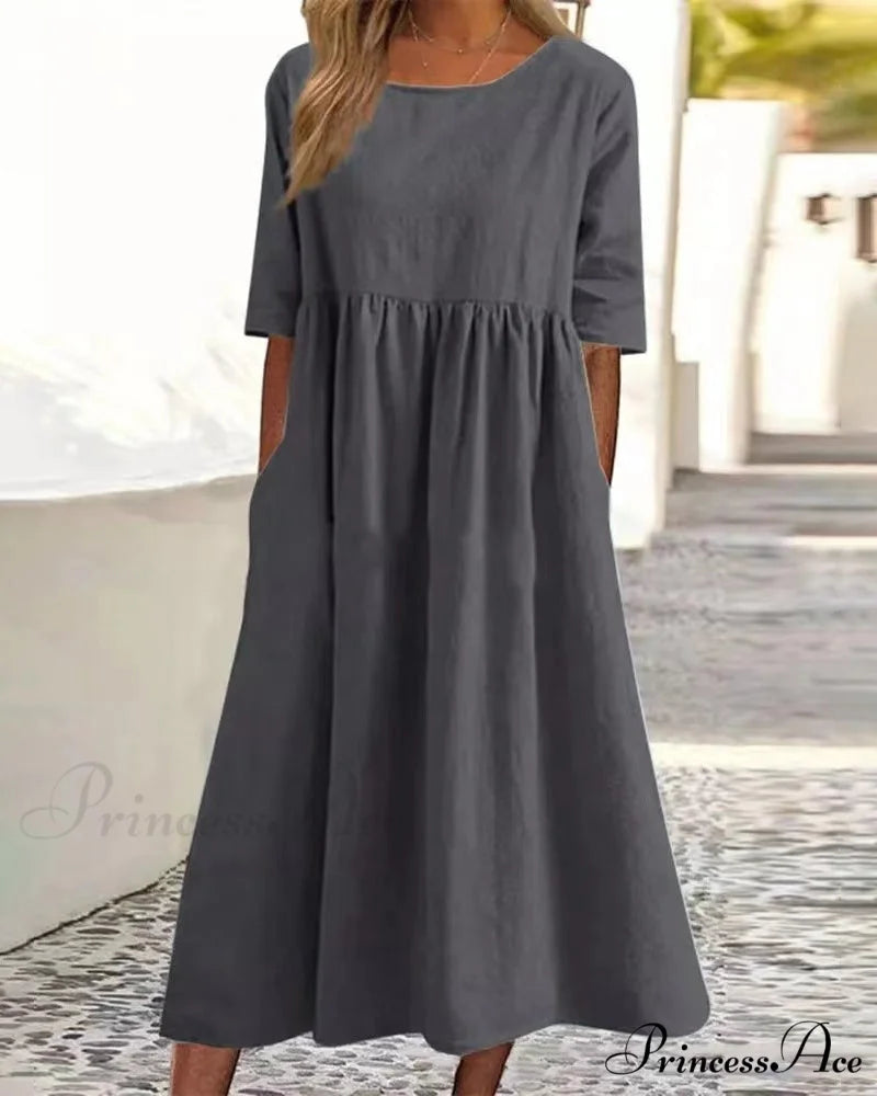 Solid color cotton linen dress Gray / S