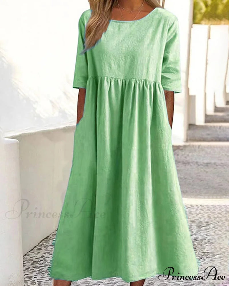 Solid color cotton linen dress Green / S