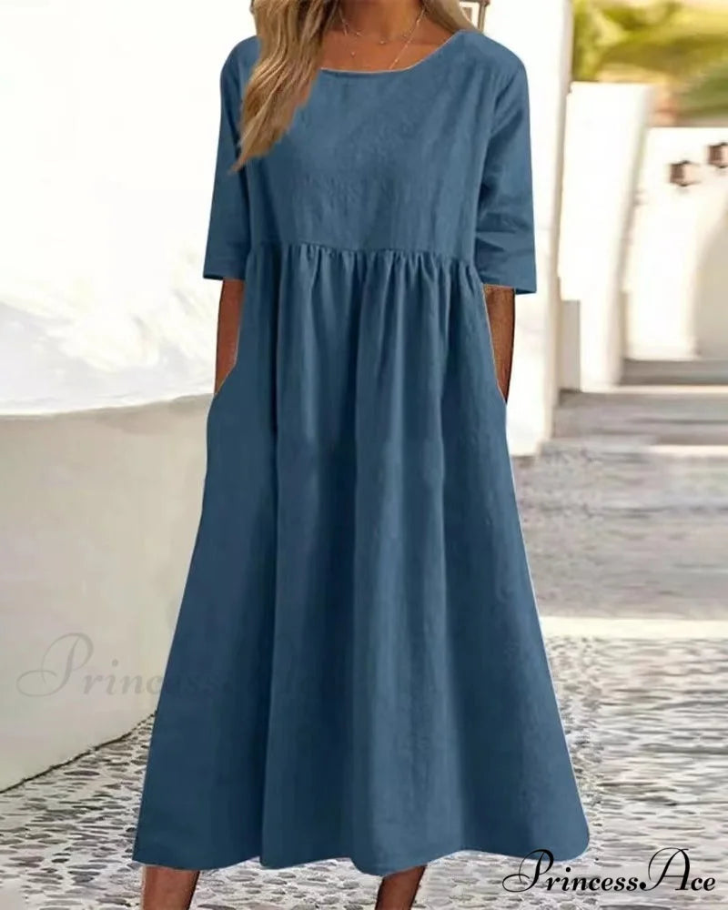 Solid color cotton linen dress Navy blue / S