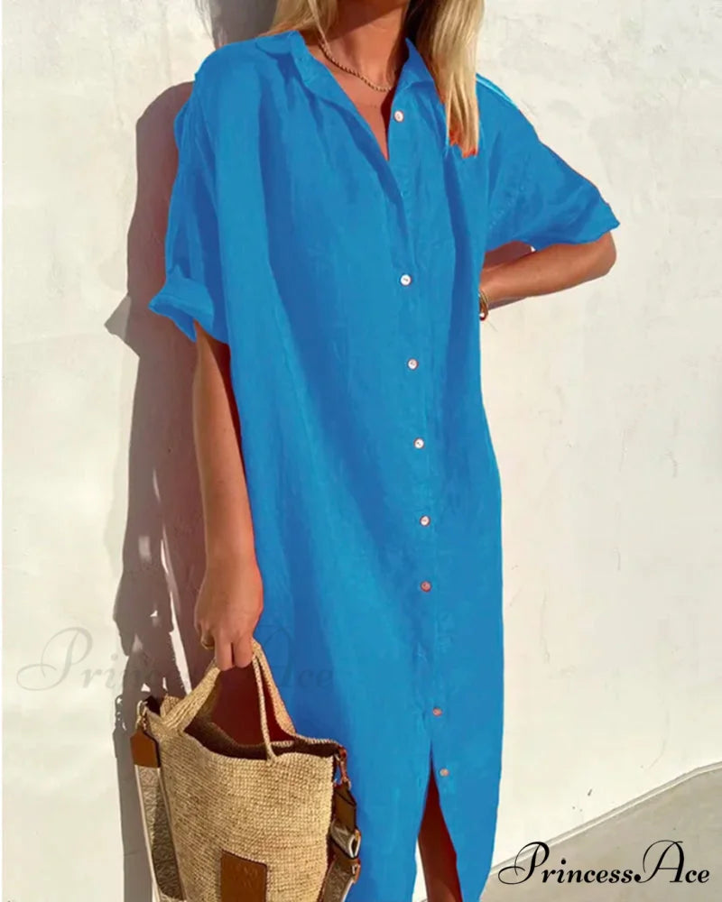 Solid color cotton shirt dress Blue / S