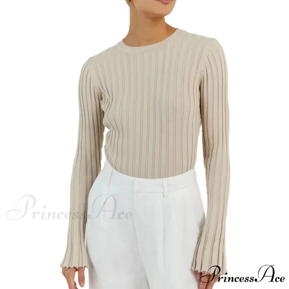 Solid Color Cozy Stylish Long Sleeve Comfortable Ribbed Casual Knit Sweater BEIGE / S