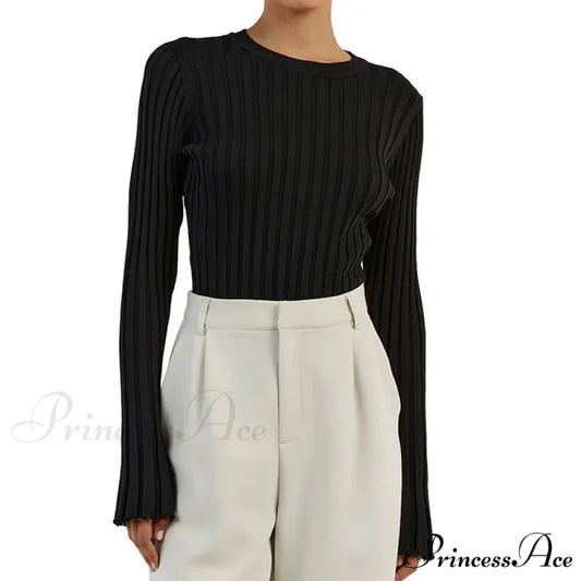 Solid Color Cozy Stylish Long Sleeve Comfortable Ribbed Casual Knit Sweater BLACK / S
