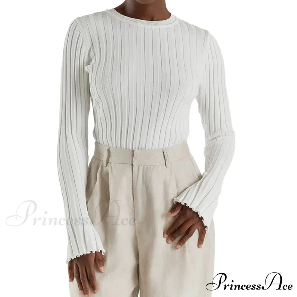 Solid Color Cozy Stylish Long Sleeve Comfortable Ribbed Casual Knit Sweater WHITE / S