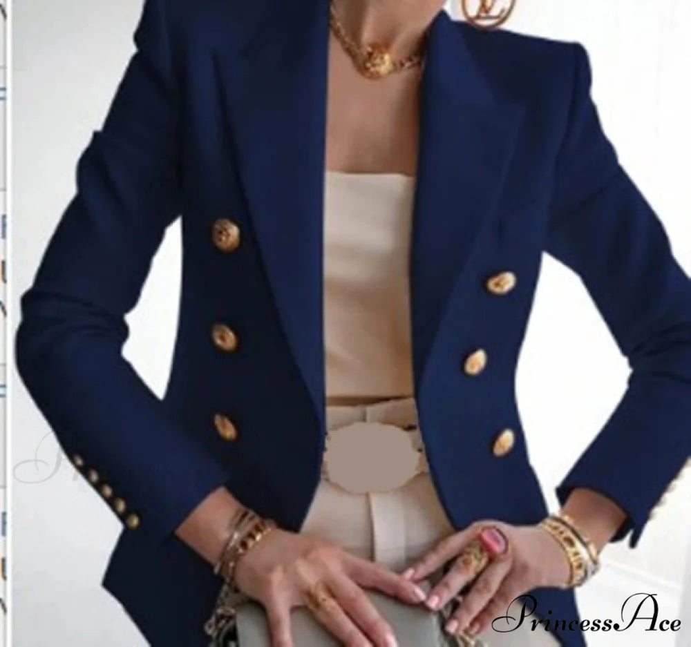 Solid Color Fashion Multi Buttons Blazer Dark Blue / S